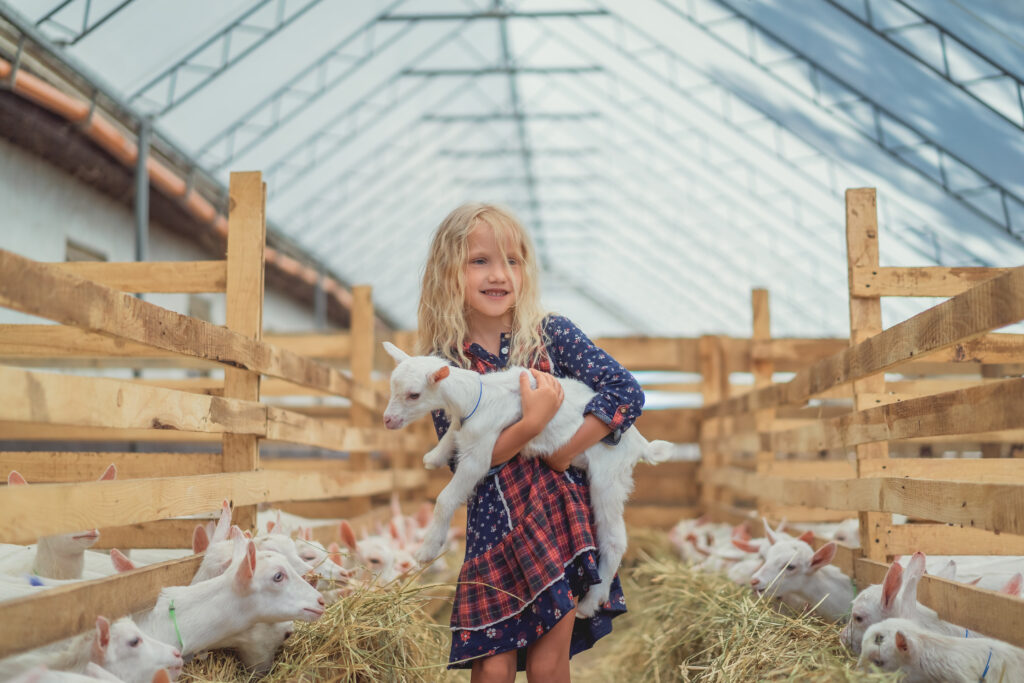 child holding a goat at a local farm